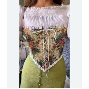 SHEIN Floral Bustier Crop Top-French Vintage Corset Tops Lace Up Camisole Sz Xs